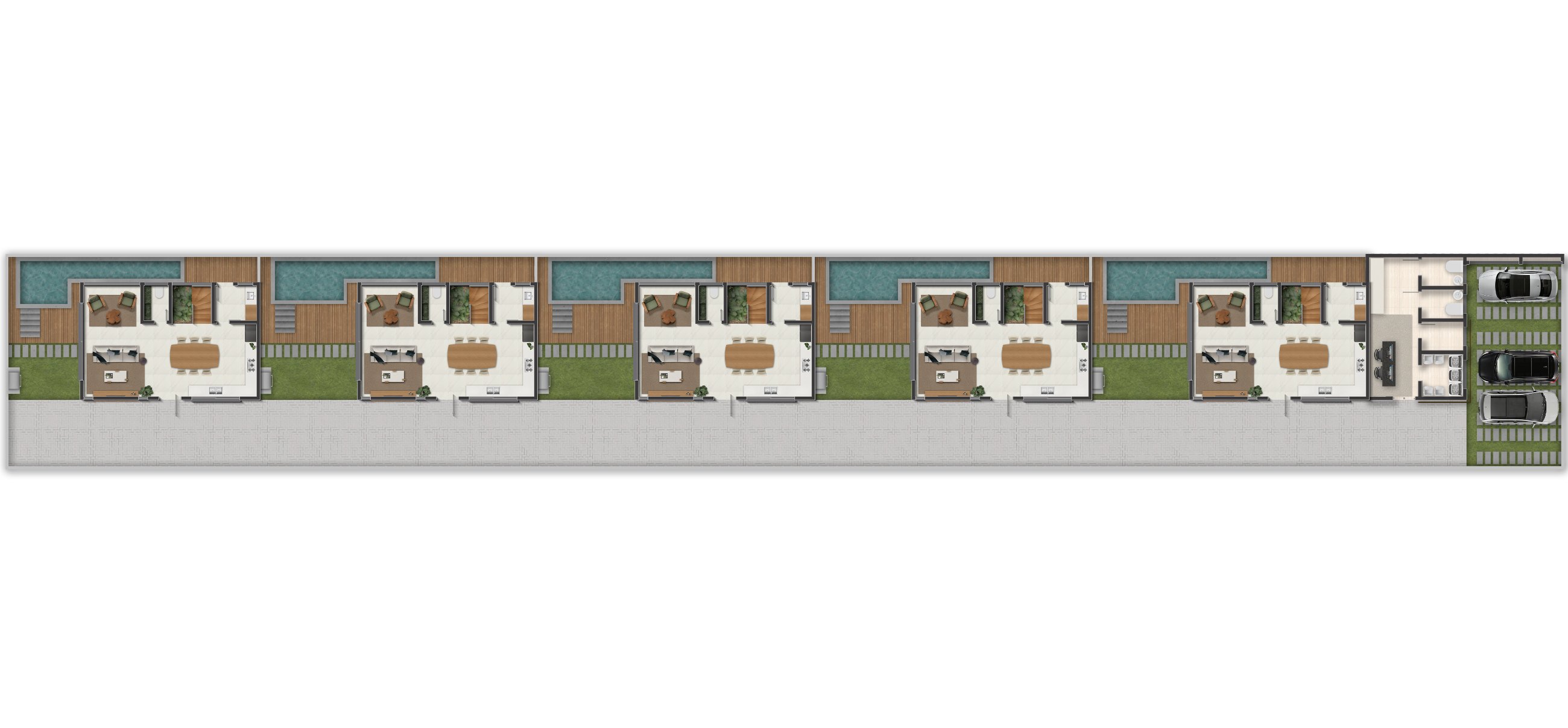 Implantação — térreo das cinco casas, acessos e vagas