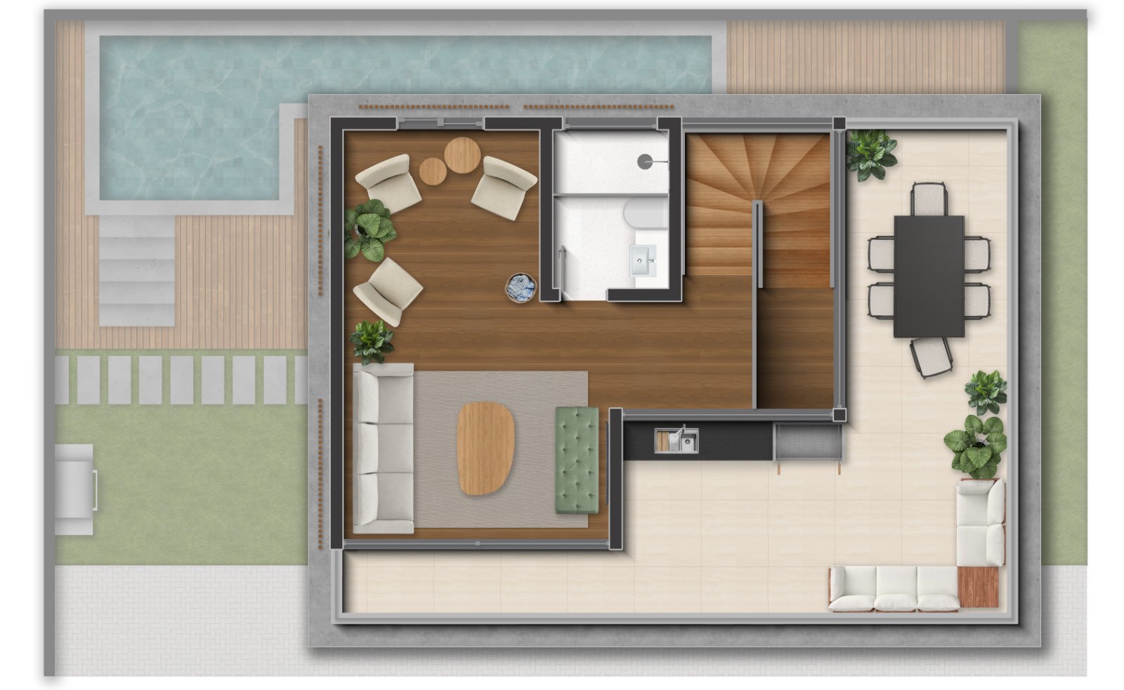 Planta A — mezanino com sala íntima e rooftop social